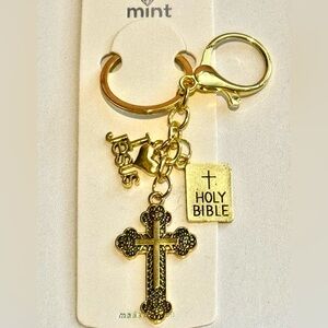 Cross Handbag Bag Charm NIP Gold Tone Keychain I Love Jesus & Holy Bible Charms
